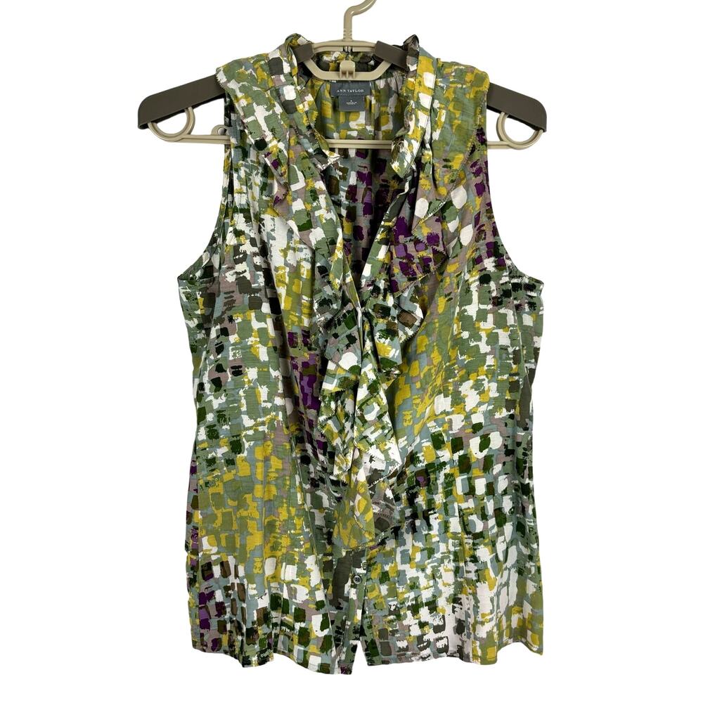 Ann Taylor 6 sleeveless ruffle blouse green abstract print silk cotton preppy